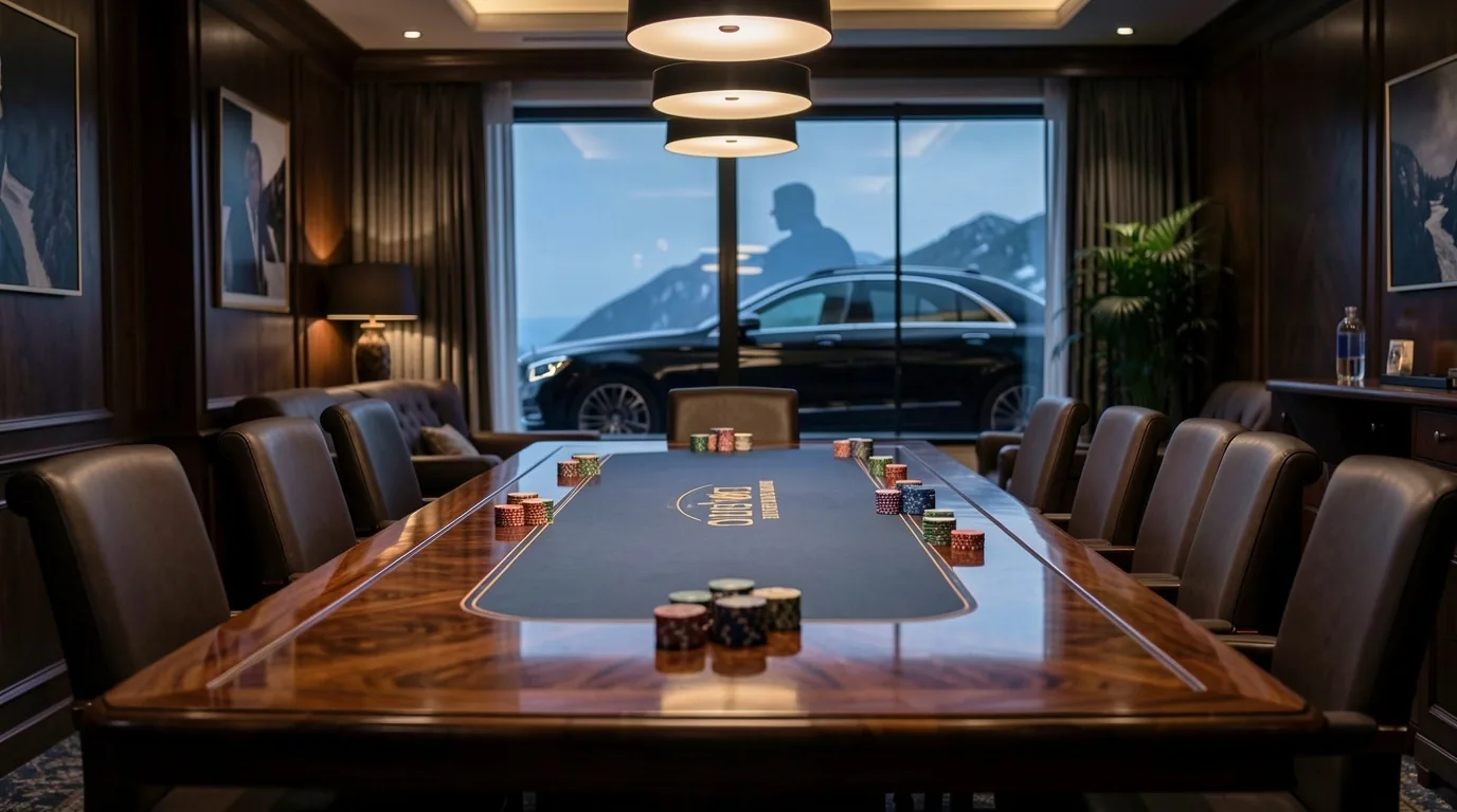 Wnętrze poker lounge z ciemnym drewnem i zielonym stołem w ciepłym świetle