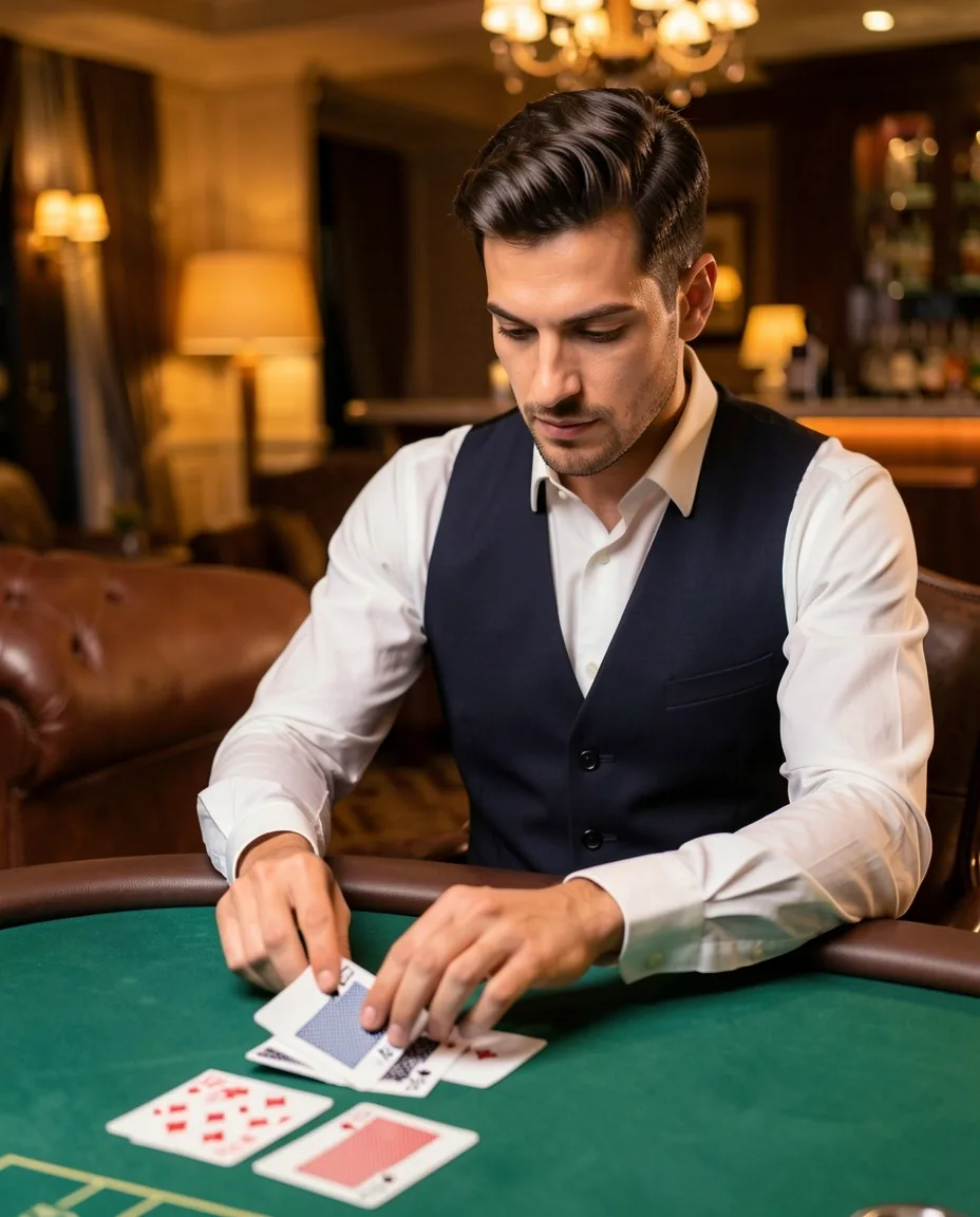 Krupier prowadzący grę przy stole pokerowym
