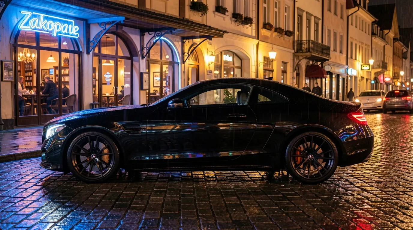 Luksusowe auto nocą na mokrej ulicy w Zakopanem