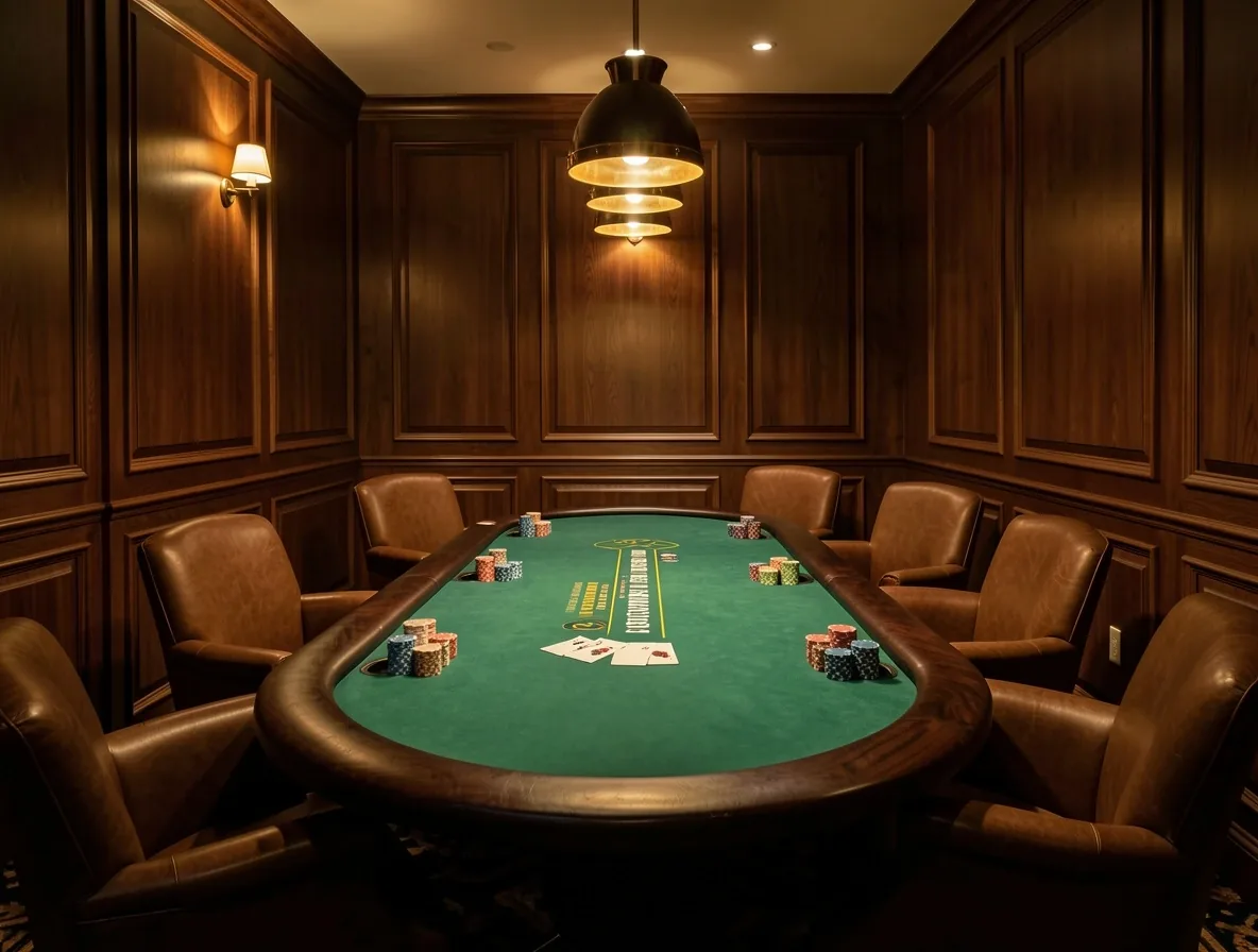 Wnętrze Poker Lounge z zielonym stołem i eleganckim oświetleniem