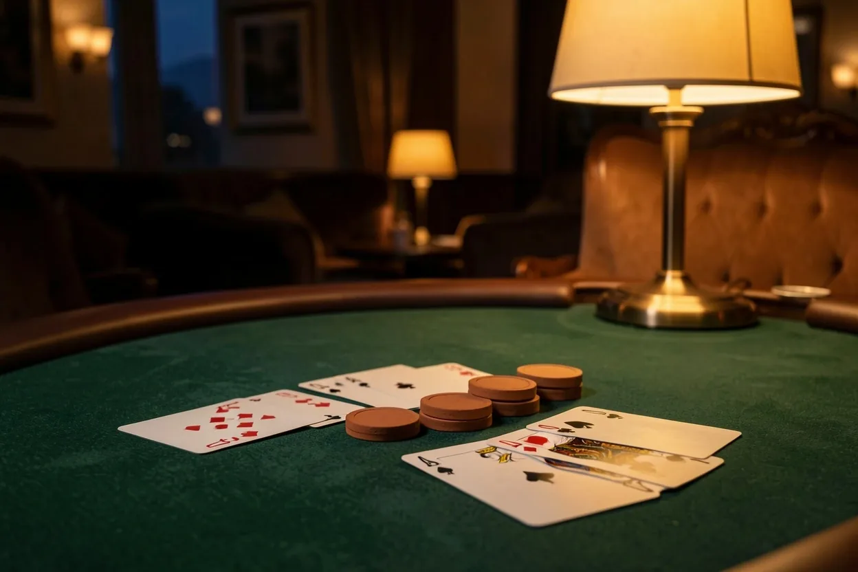 Karty i żetony na stole pokerowym