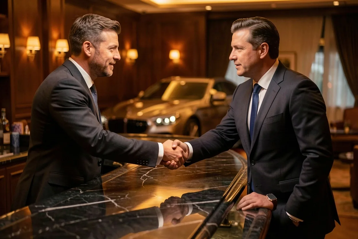 Networking w lounge — uścisk dłoni przy barze