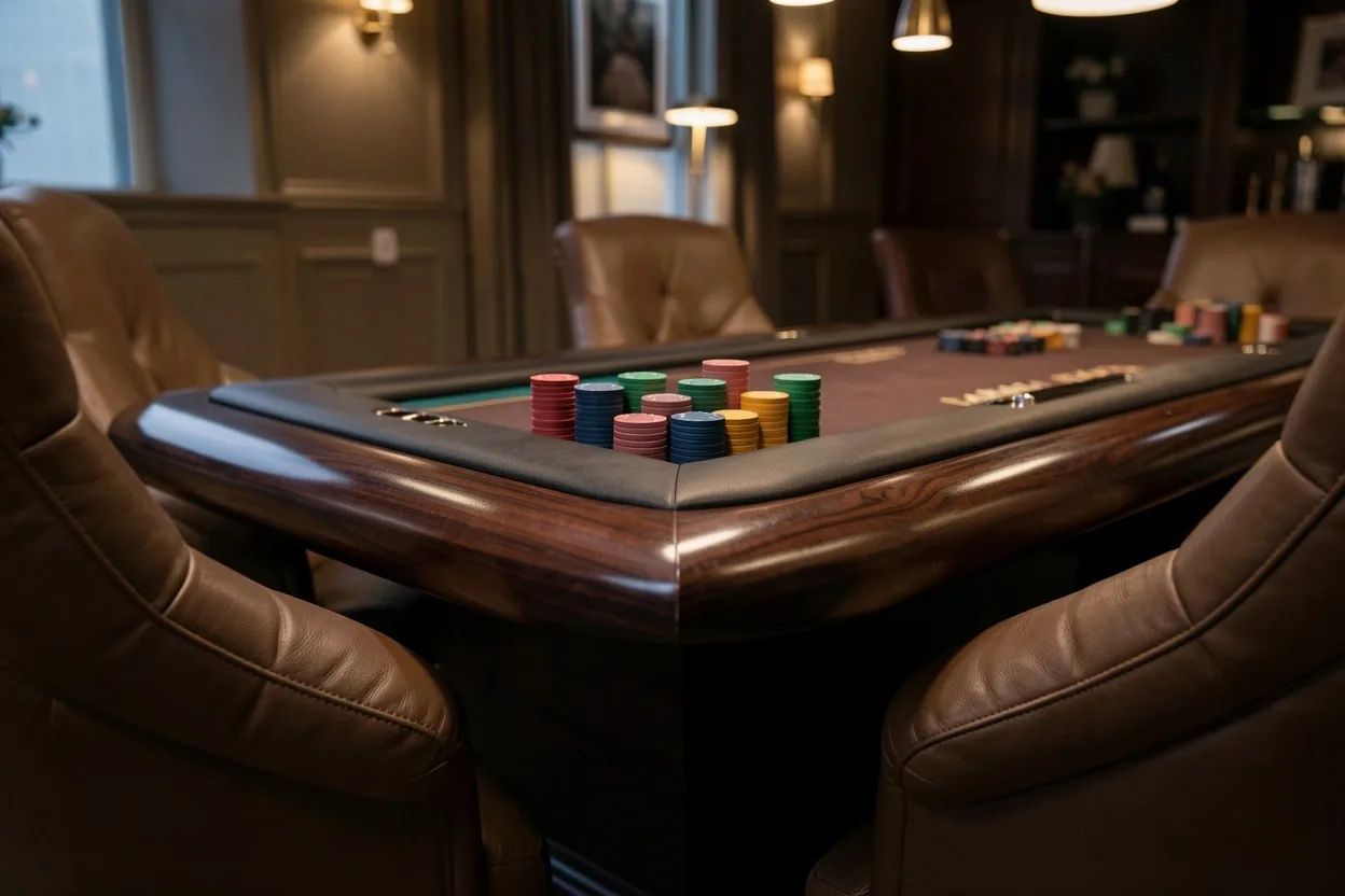 Detal profesjonalnego stołu do gier towarzyskich w Poker Lounge