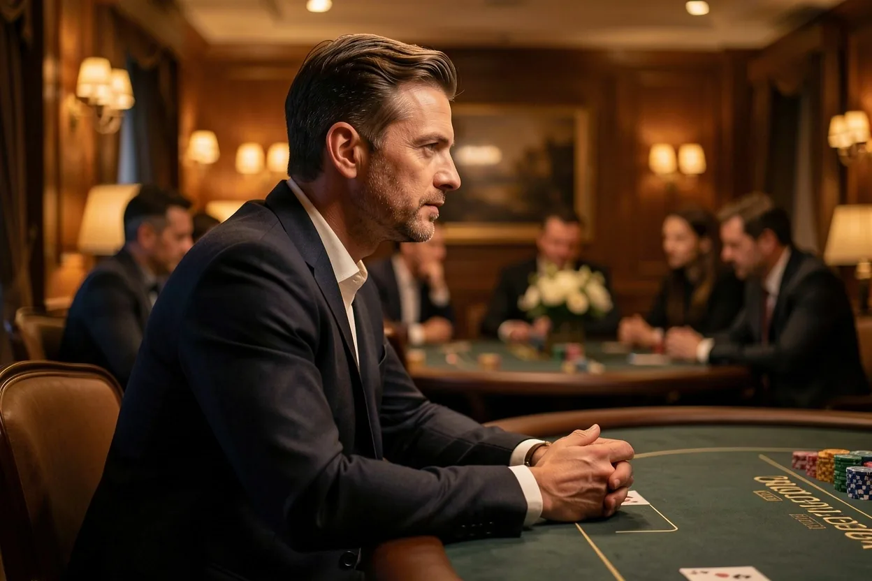 Gość Poker Lounge Salamont podczas partii gry towarzyskiej