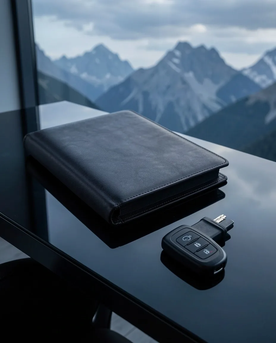 Skórzana teczka i kluczyk na biurku