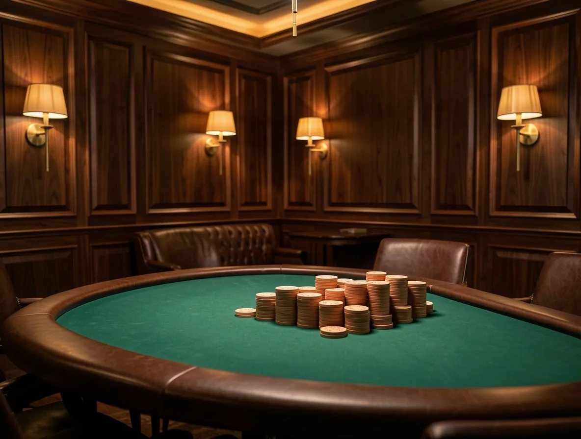 Wnętrze Poker Lounge z zielonym stołem i drewnianą boazerią