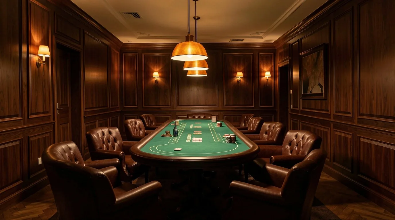 Wnętrze Poker Lounge przy Krupówkach z stołem do gry i wykończeniem z drewna orzechowego