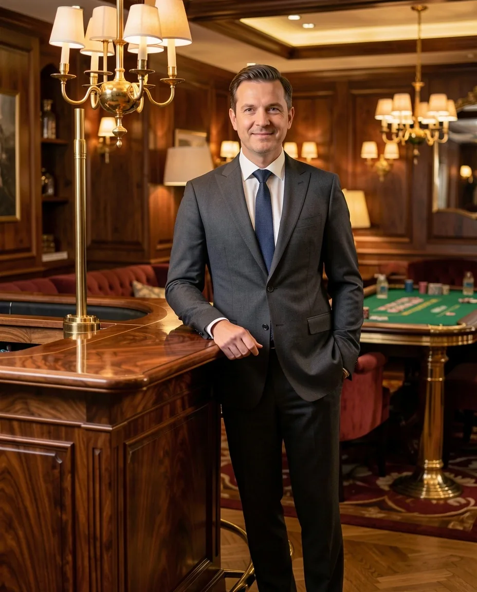 Manager Poker Lounge Salamont przy stanowisku obsługi