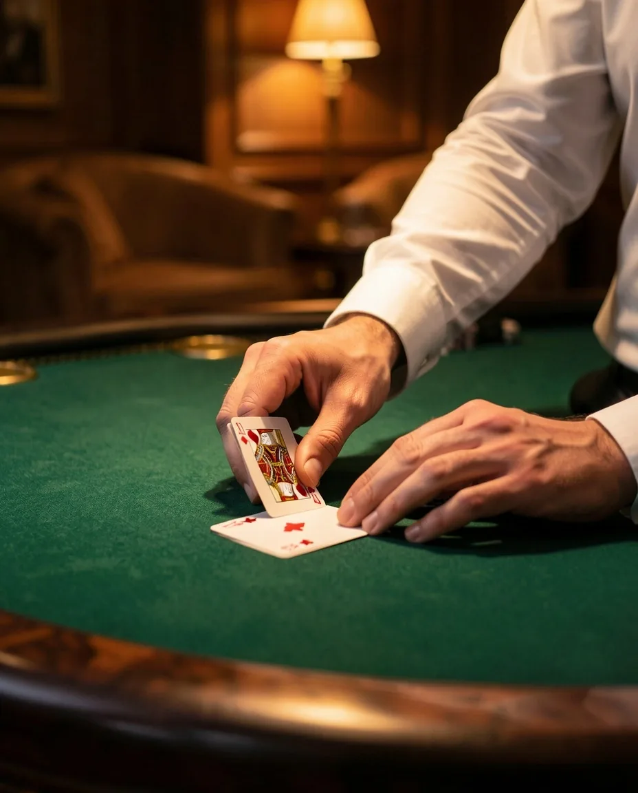 Rozdający układa karty na zielonym stole w Poker Lounge